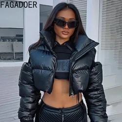 FAGADOER Cool Girl Streetwear Hollow Out Black Outdoor Jacket Women Padded Cropped Zip Long Sleeve Turtleneck Coats Puffer Tops