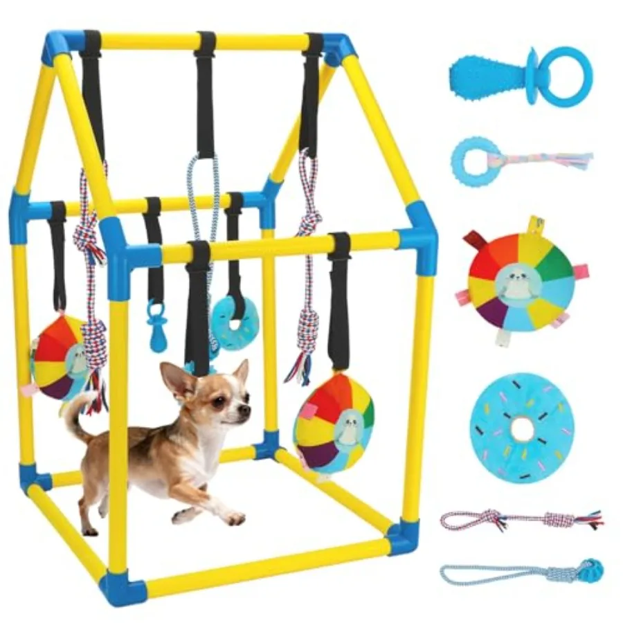 

Игровой центр для щенков с подвесными игрушками, домашний игровой комплекс для собак, центр активностей для щенков, каркас из ПВХ с 8 развивающими игрушками для маленьких пород.