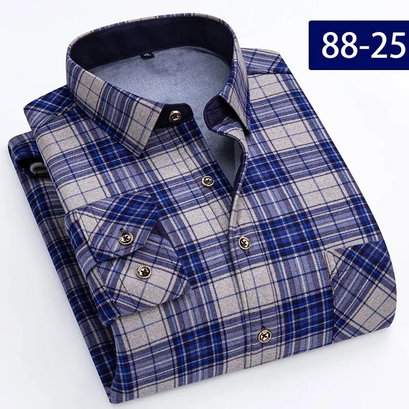 7XL 8XL thickened Autumn and winter men\'s shirt Long sleeve warm non-ironing slim fashion business casual plaid