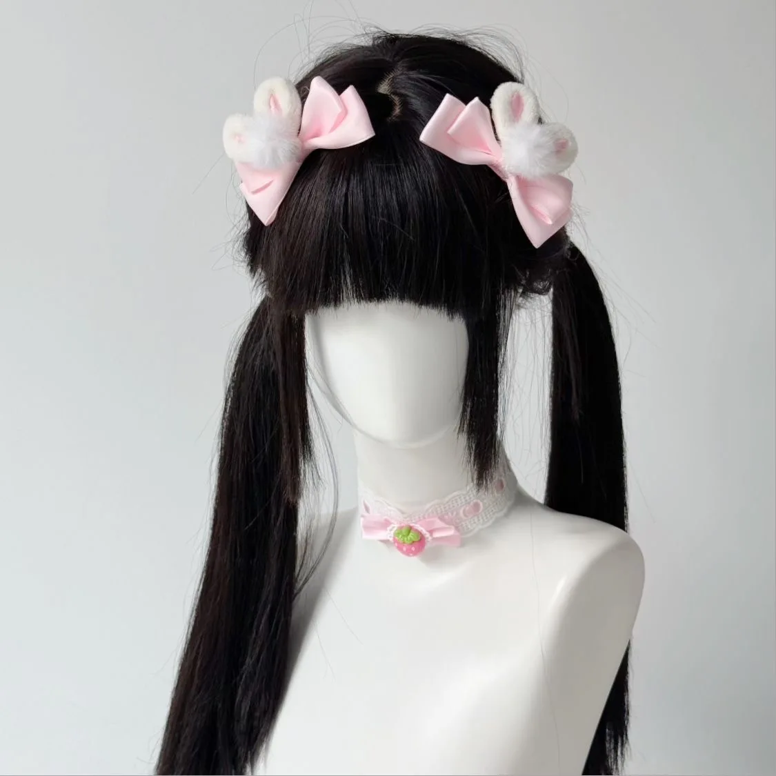 Kawaii Frauen Lolita Mädchen Haarspange Niedliche Kaninchen Hase Plüsch Ball Haarnadel Rosa Band Schleife Lolita Cosplay Haarschmuck