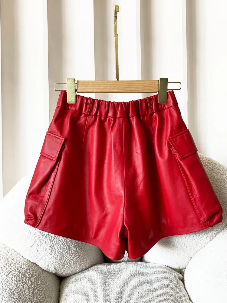 Women Autumn New Sheepskin Genuine Leather Shorts Red Pockets Loose Fit Elastic Waist Short Trousers Casual Streetwear Shorts