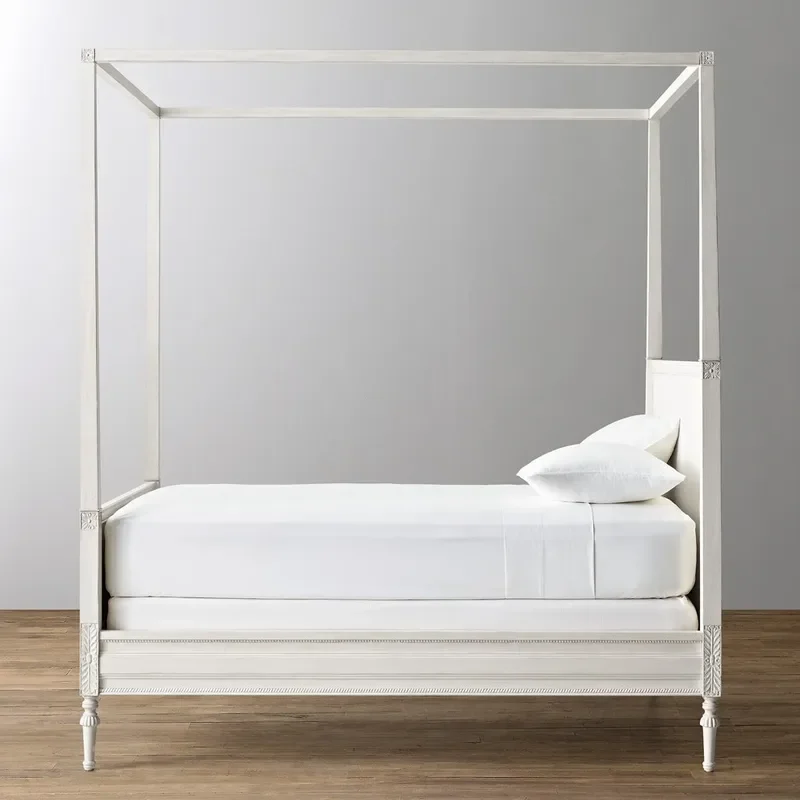 Rustic White Solid Wood Bed Frame French Country Style Double Platform with Headboard Shelf for Master Bedroom Wedding