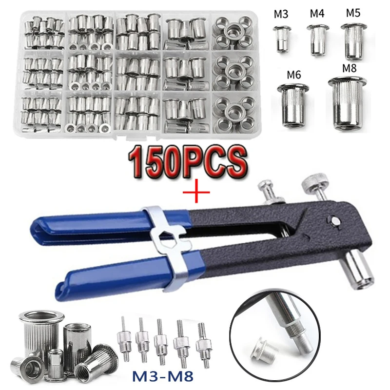 150 pz rivetto dado pistola M3 M4 M5 M6 M8 mandrino filettatura inserto in acciaio inox rivetto dado con strumenti di fissaggio filettati leva di