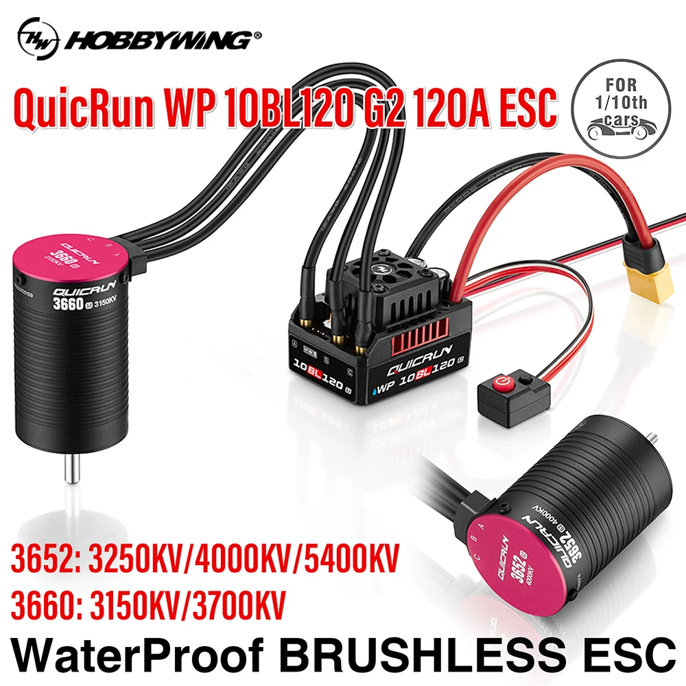 

HobbyWing QuicRun WP 10BL120 G2 120A ESC 3652 3660 G2 Motor 2-4S Waterproof Sensorless Brushless Speed Controller Set for 1/10