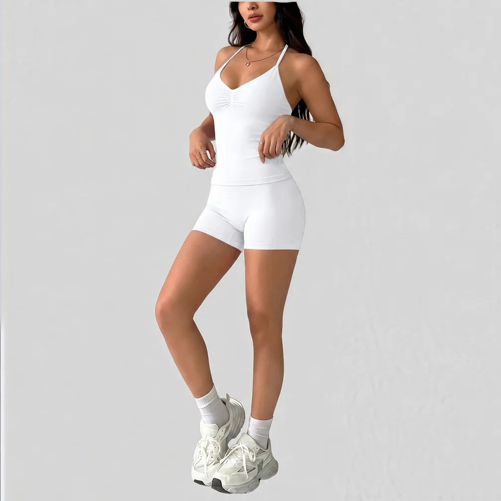 DF1LOGO 2Pcs Gym Set Yoga Longline Strappy Top and Seamless Scrunch Butt Lifting Short Workout Yoga Set Outfits