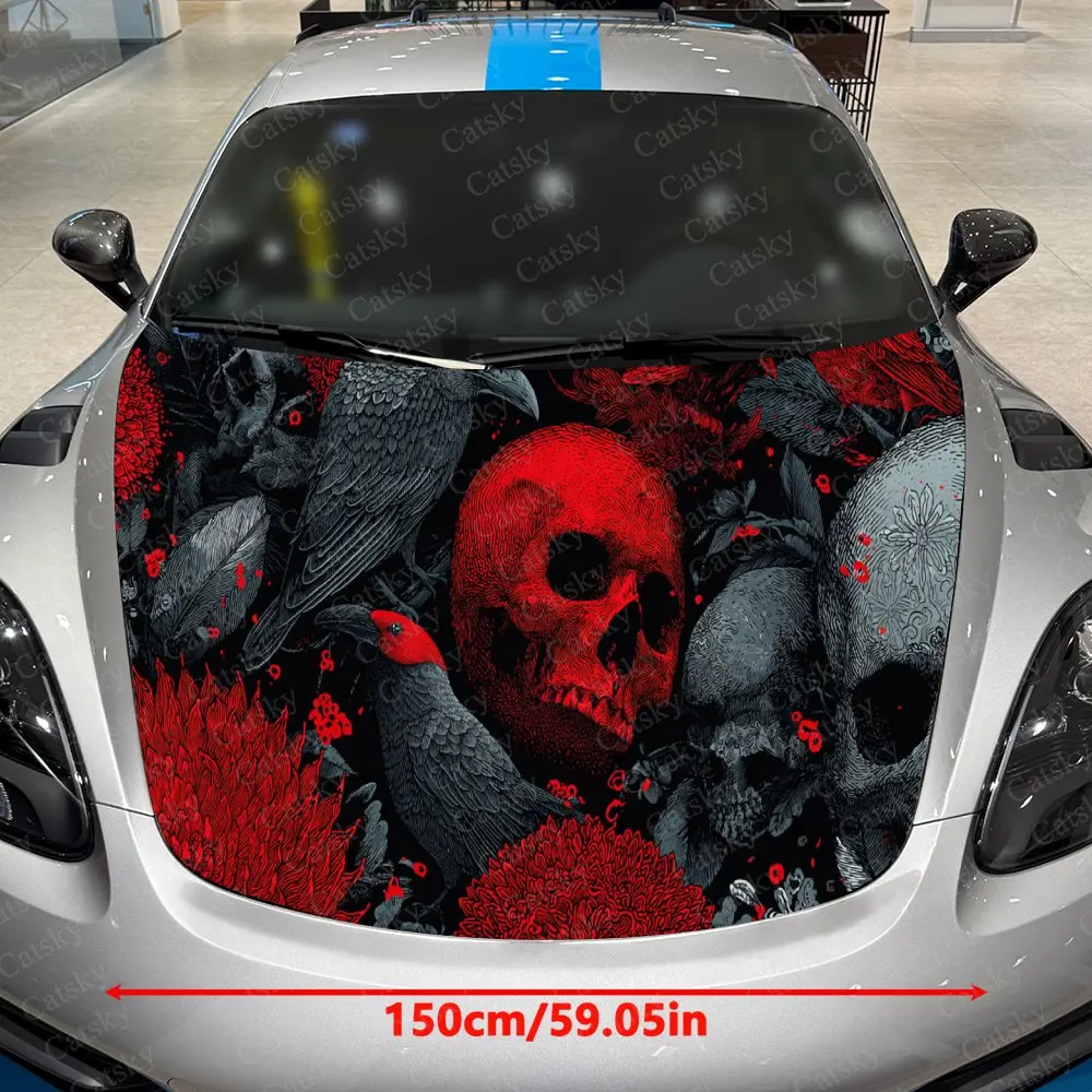 Car Decal Gothic Culture-Inspired Combination of Red-Gray Skulls and Textured Details Car Hood Sticker, Waterproof Self - Adhesi