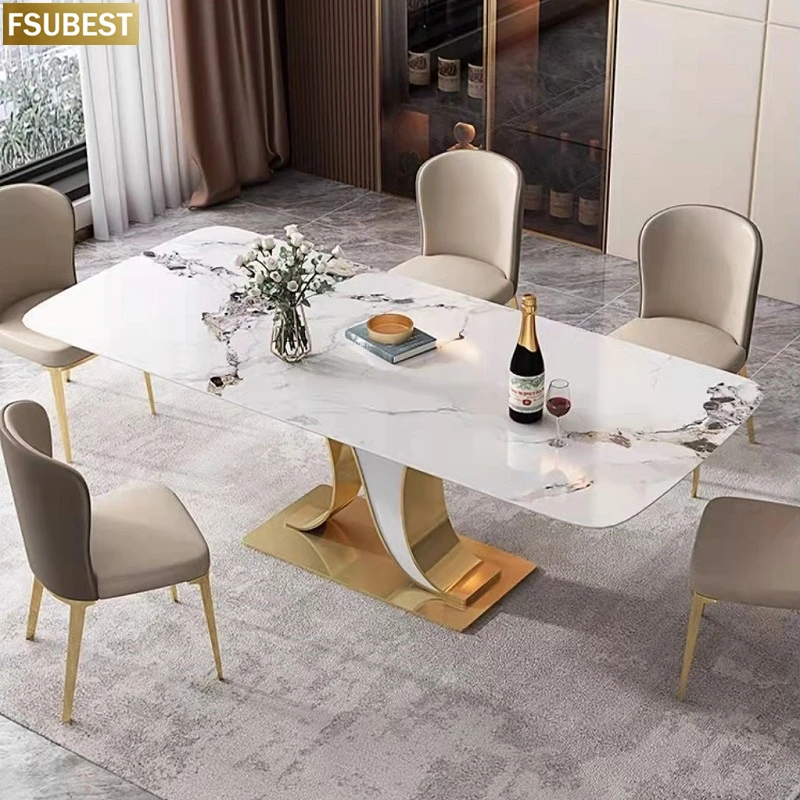 FSUBEST Free Shipping Luxury White Rock Slab Dining Table And Chairs Set Stainless Steel Golden Frame Tables Mesa Com 4 Cadeiras