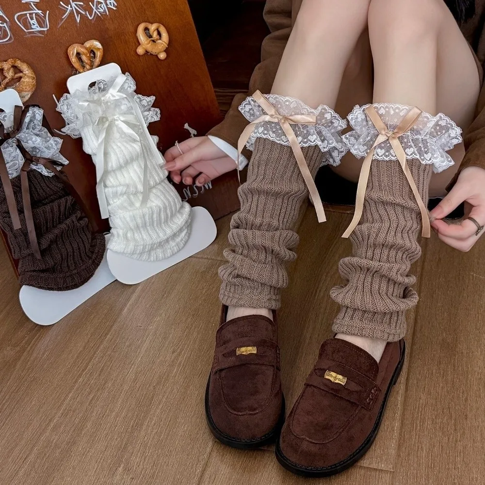 Lace Bow Knit Leg Warmers Ruffle Trim Knit Design Ruffle Frilled Socks Stacked Style Slouchy Fit Slouchy Leg Warmers JK Style