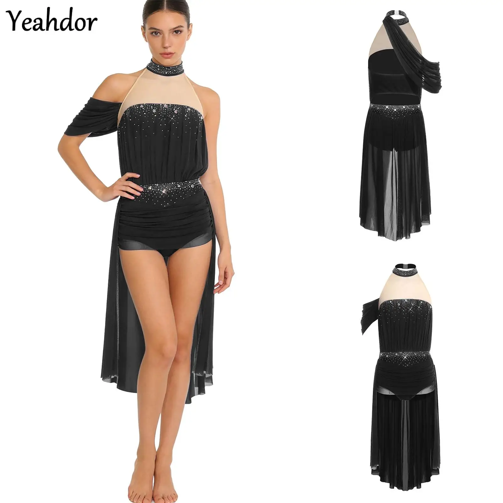 

Womens Latin Dance Dress Skating Cha-cha Tango Samba Performance Rhinestone Mesh Halter Backless Irregular Hem Leotard Bodysuit