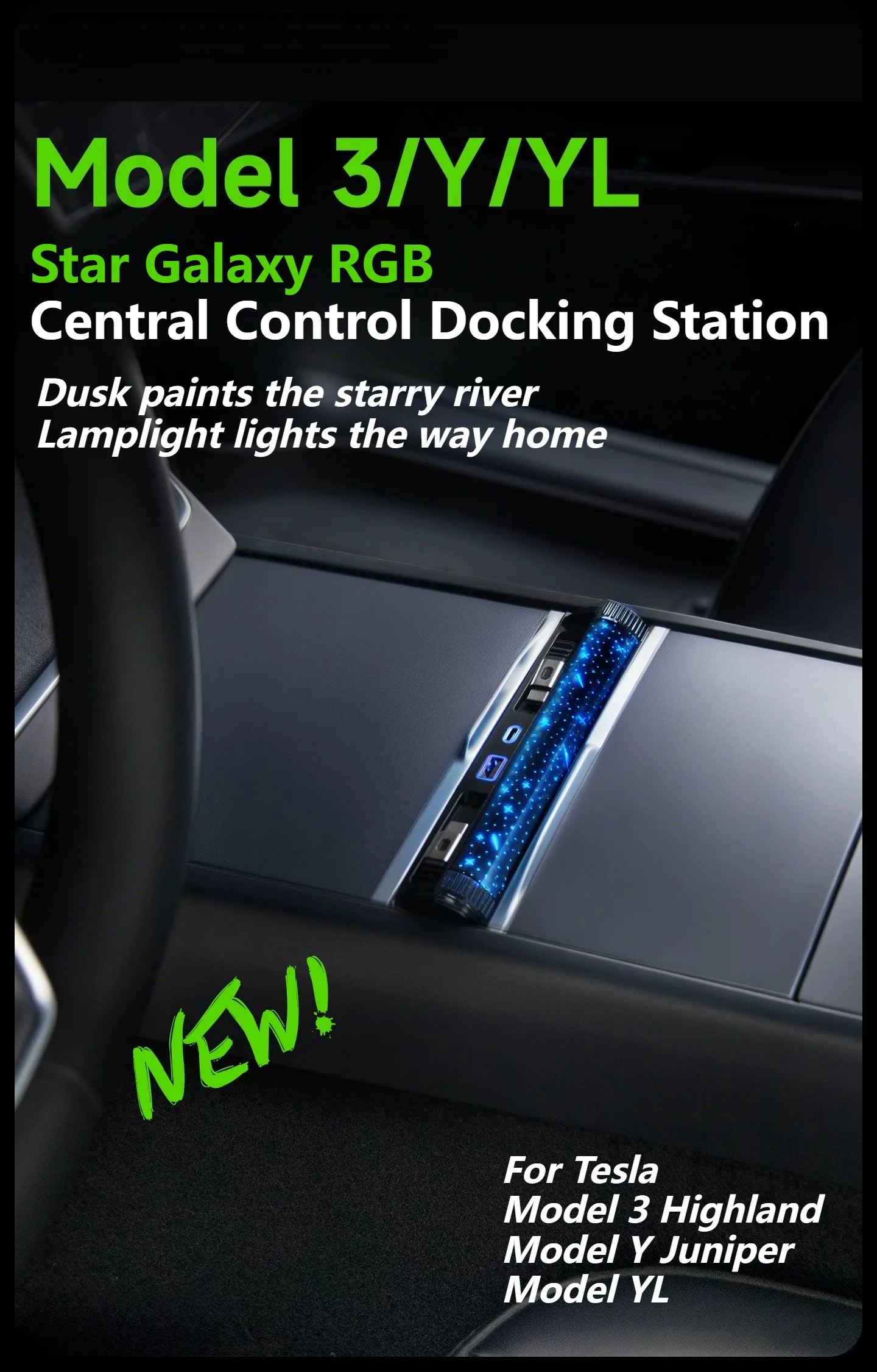 120W Magnetic Starlight RGB Ambient Light Center Console Dock  For Tesla Model 3 Highland  Y YL Juniper, 80cm Retractable Cable