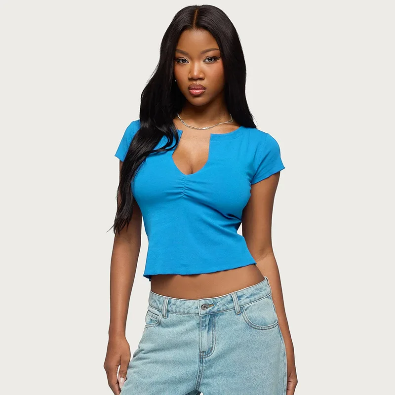 Summer V Neck Crop Top Women Casual Fashion Slim Short Sleeve T-Shirts Outfit Streetwear Lady Y2K Clothes Beach Vacation Gift
