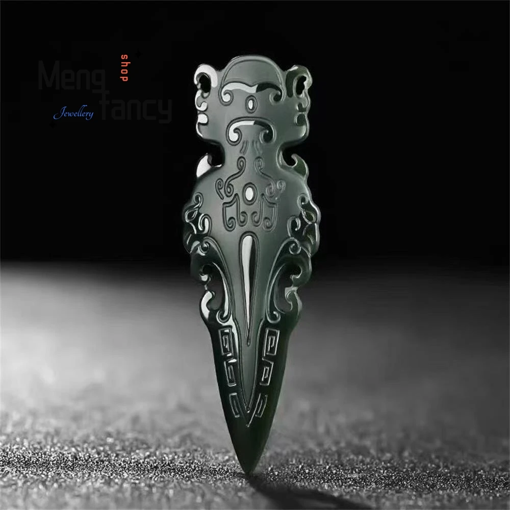 Premium Handmade Double-sided Engraved Natural Dark Green Hetian Jade Vajra Pestle Pendant Auspicious Lock Design Luxury Jewelry