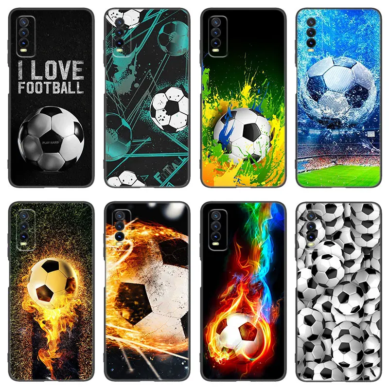 Fire Football Soccer Ball Black Phone Case For V27 V30 Pro V29e Y27 Y55 Y78 5G Y02S Y15S Y17S Y21S Y22S Y33S Y76S Y16 Y35 Y36