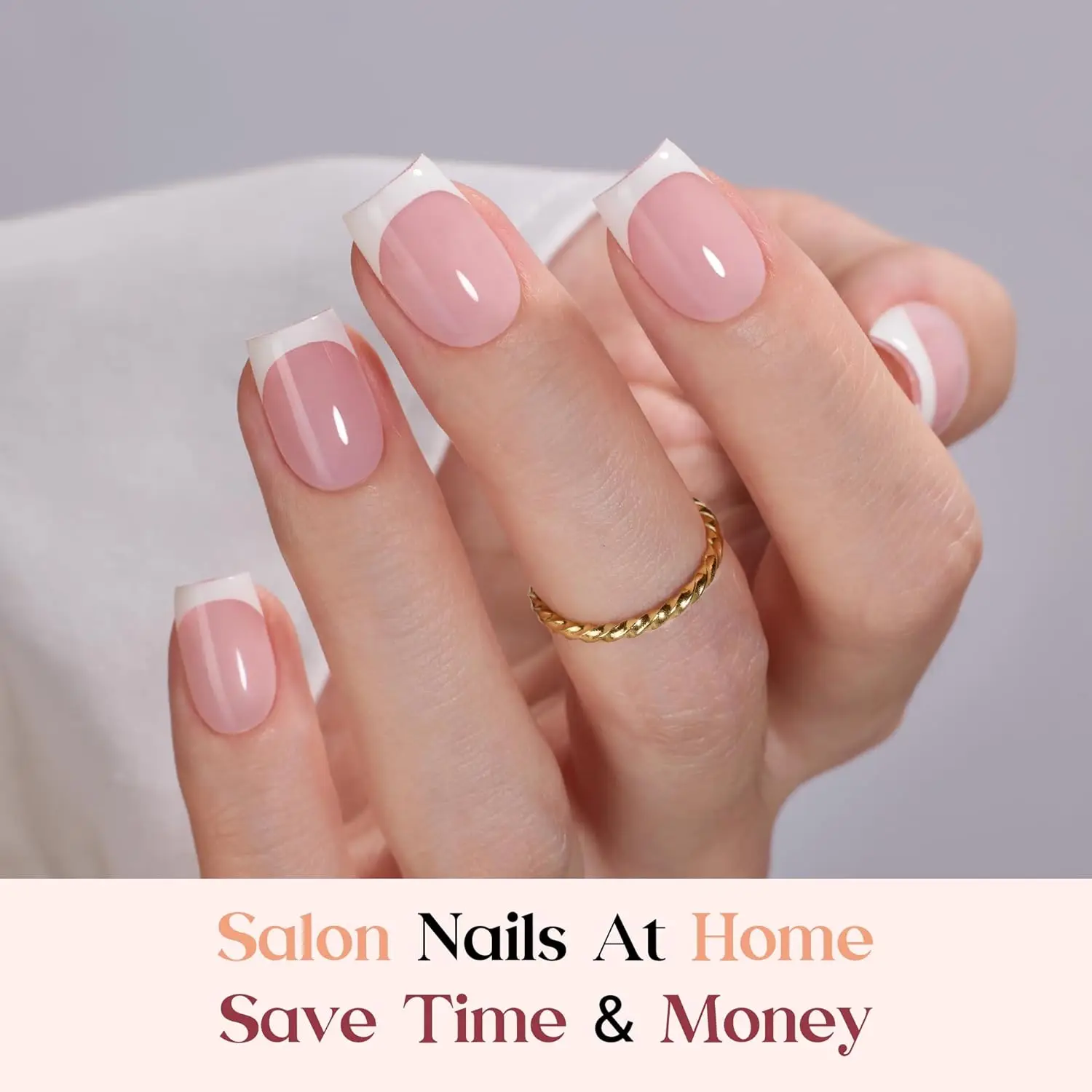 Zestaw sztucznych paznokci - krótkie, kwadratowe, w kolorze francuskiego różu - 150 sztuk, 15 rozmiarów, z klejem, płynem do usuwania, top coatem i mini lampką.