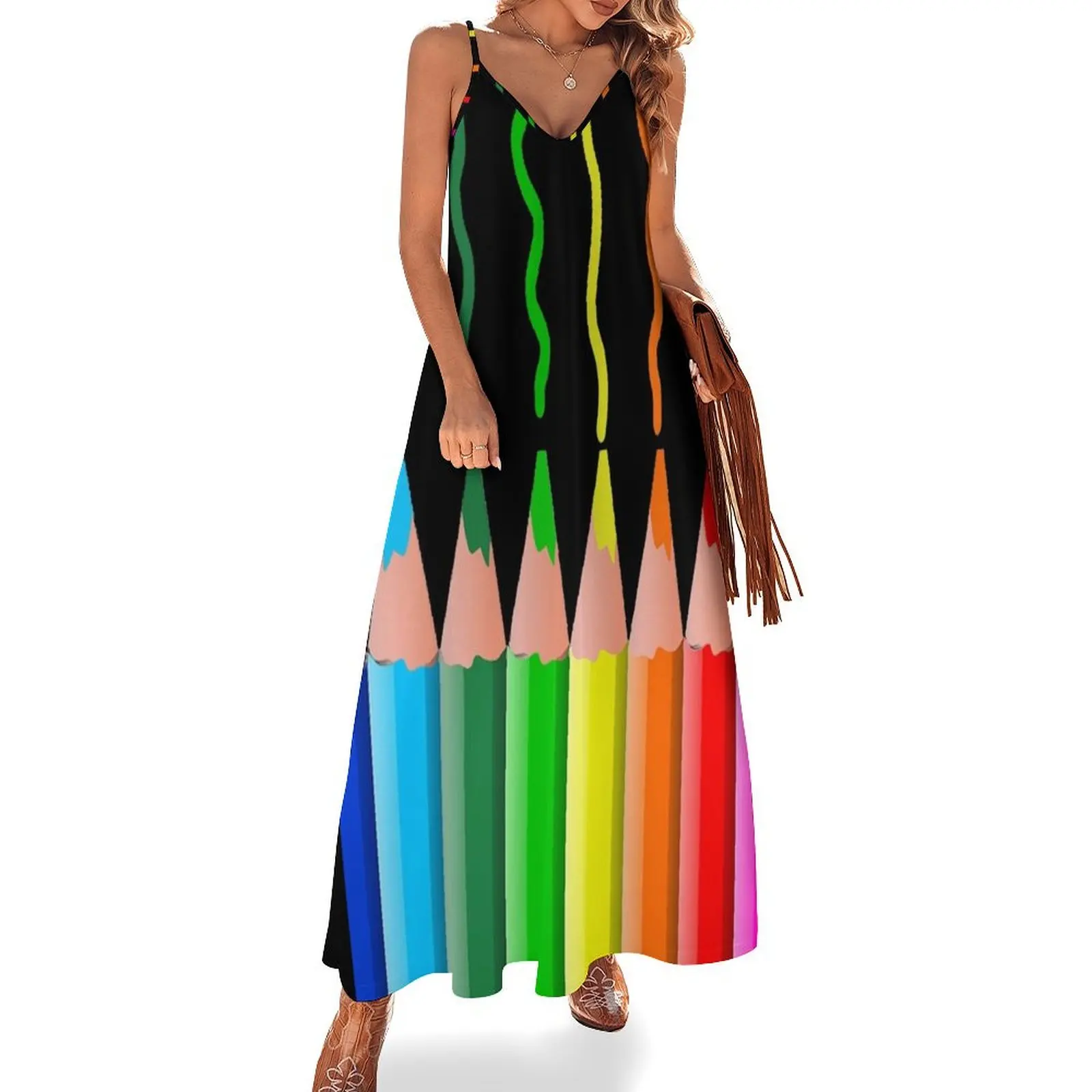 

Rainbow Colored Pencils Sleeveless Long Dress long sleeve dress Dress woman korean style