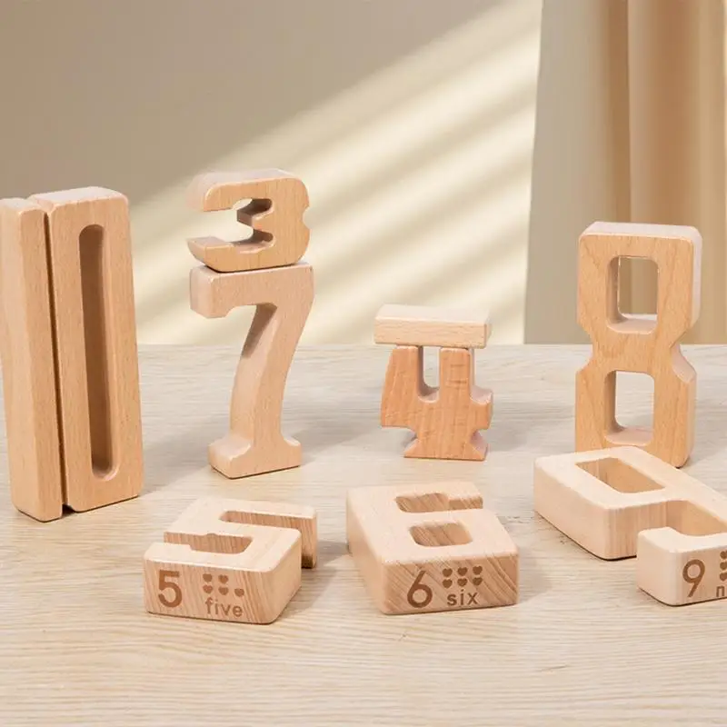 Number Building Blocks Wooden Educational Digital Game 1-10 Digit Block Toys Math Matching Stacking Game For Kids Aged 3