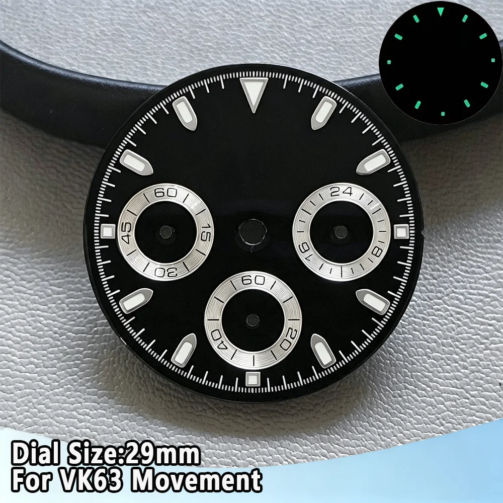 29mm VK63 Dial Panda Dial C3 Green Luminous Chronograph Dial For VK63 Movement Fit For Daytona High Quality Watch Sterile Dial view 3