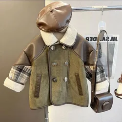 Jackets Boys New Winter Korean Wool Color Blocking Lattice Loose Coat Boys Girls Baby Plush Trousers Simple Fashion 2024