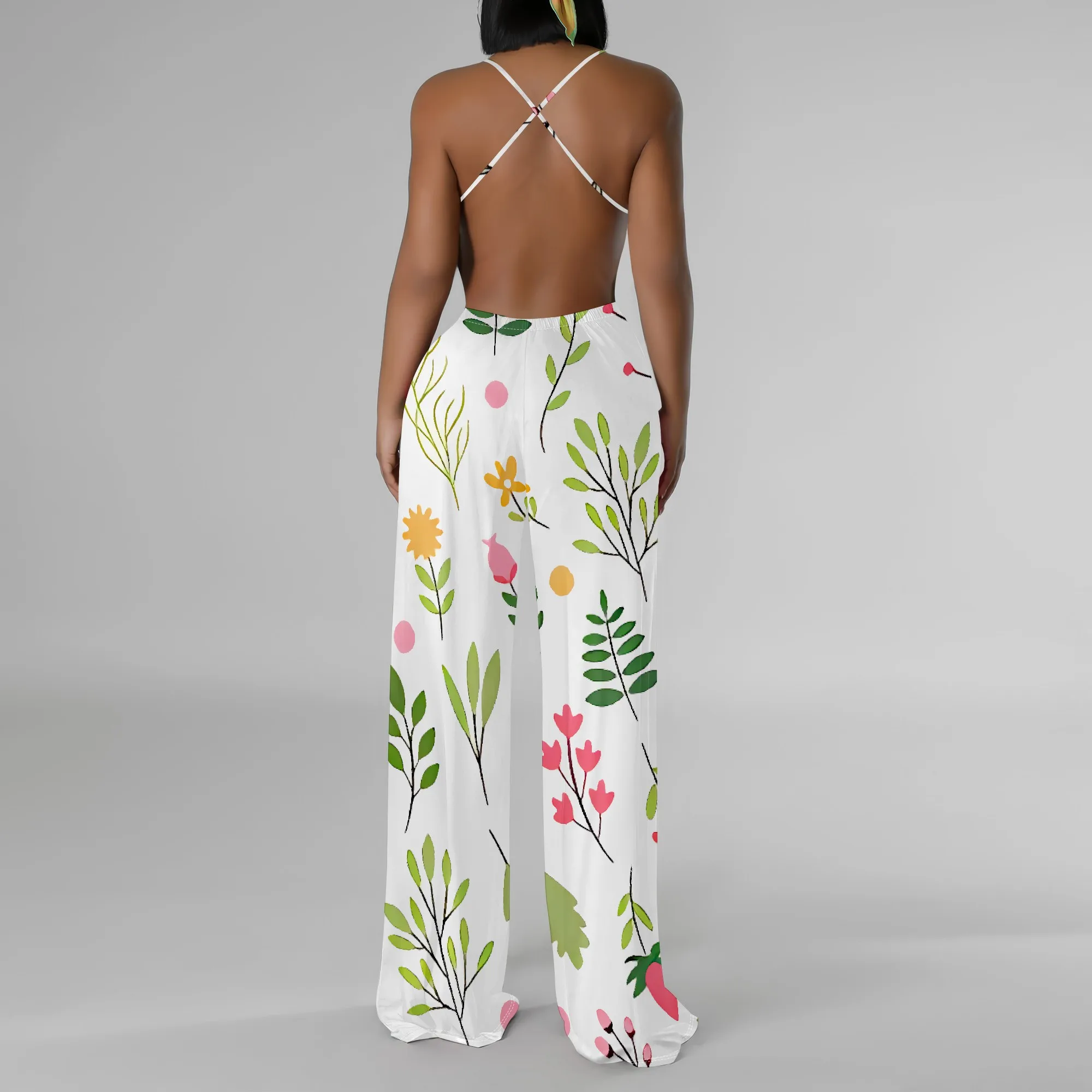 Fresh Leaf Floral Print Jumpsuit Women Sleeveless Spaghetti Strap Wide-Leg Summer Outfit