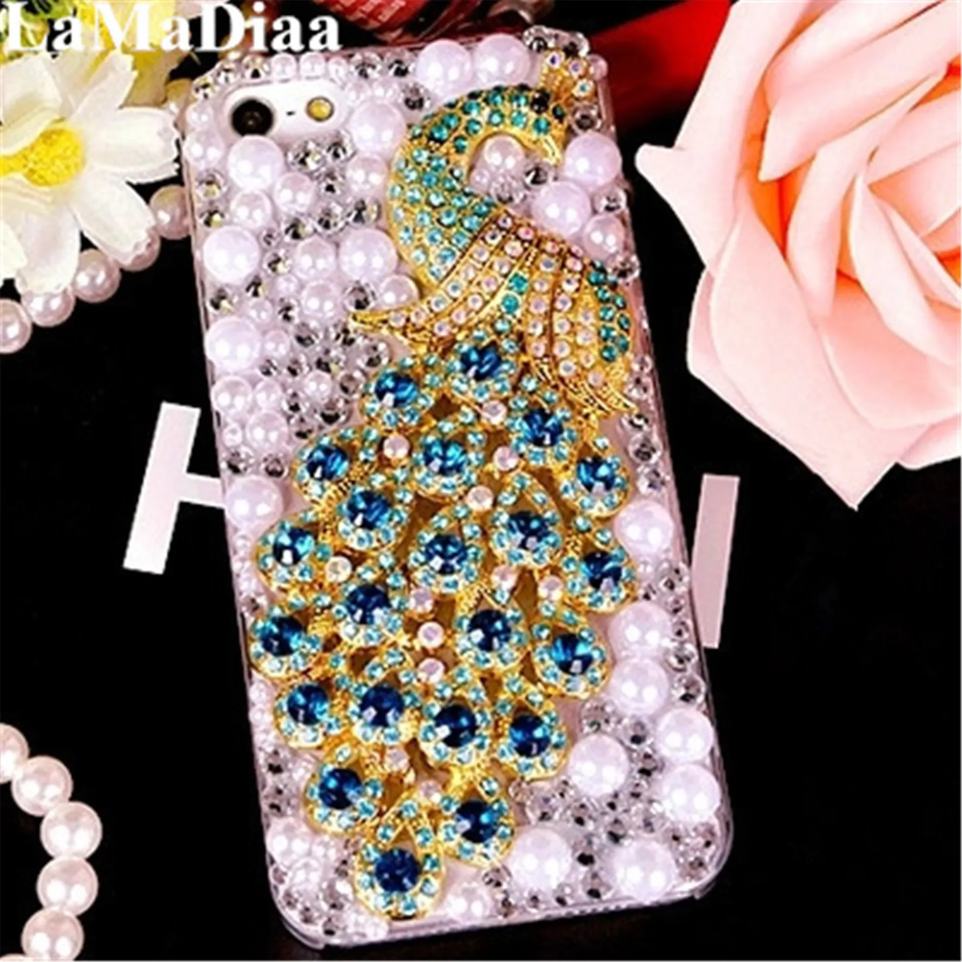 Soft Cover Case for iPhone, 3D Bling, Crystal Rhinestone, Peacock Flower, Diamond Pearl, Luxury, 16 14, 15, 13, 12, 11 Pro, XS,