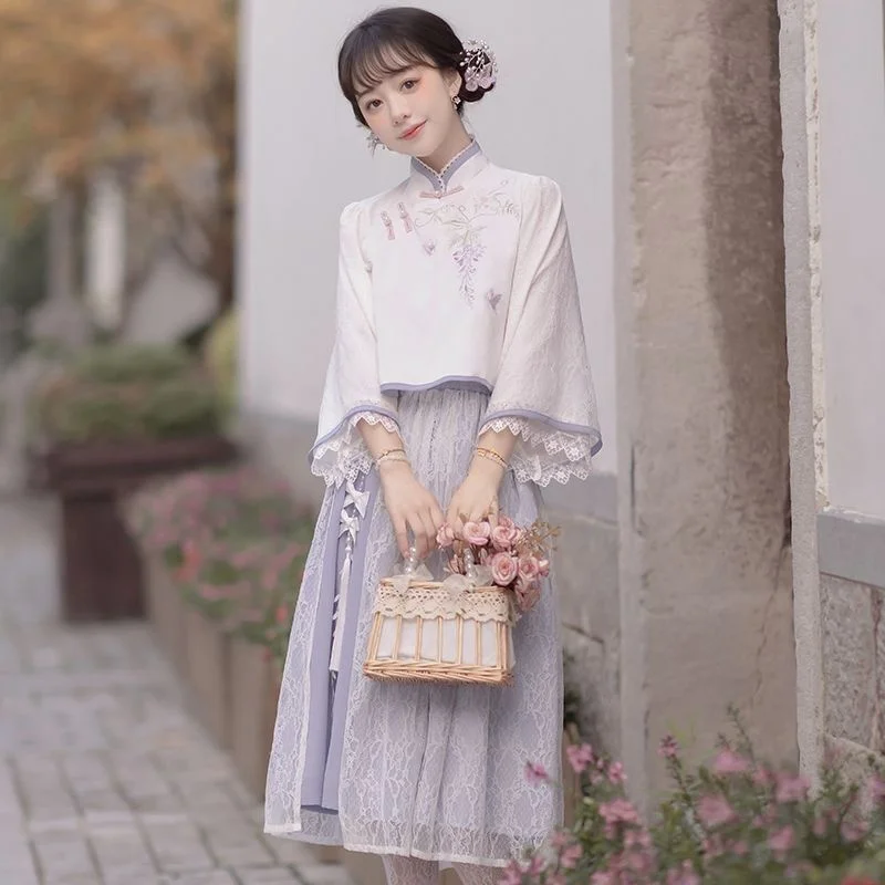 Wisteria Improved Han Element Hanfu Fresh Purple Lolita Dress Daily Set Socks Kol Saati Lolita Skirt Vestido Manga Larga