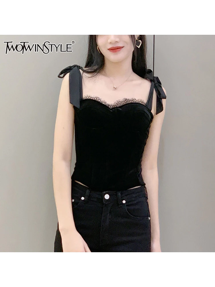 TWOTWINSTYLE Solid Patchwork Bowknot Sexy Vests For Women Square Collar Sleeveless Backless Pullover Tank Top Female Fashion New