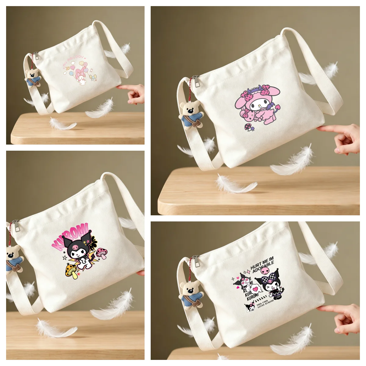 

Kawaii Kuromi My Melody Canvas Crossbody Bag Cute Anime Print Large Capacity Shoulder Tote Bag for Students Shopping Casual Use