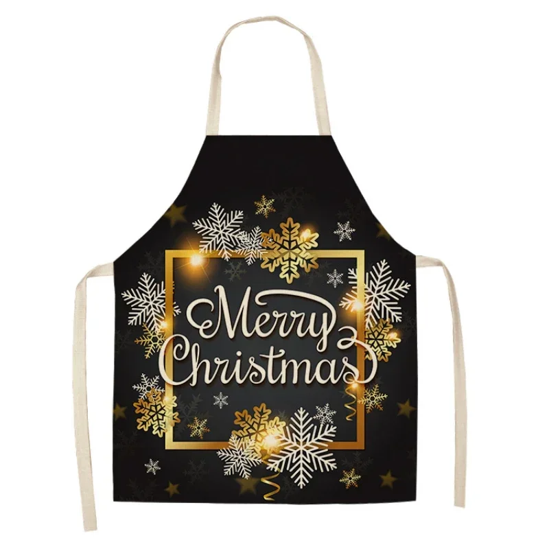 Merry Christmas Snowflake Pattern Linen Sleeveless Hand Wipe Waist Apron Home Holiday Kitchen Decor Cleaning Baking Delantal