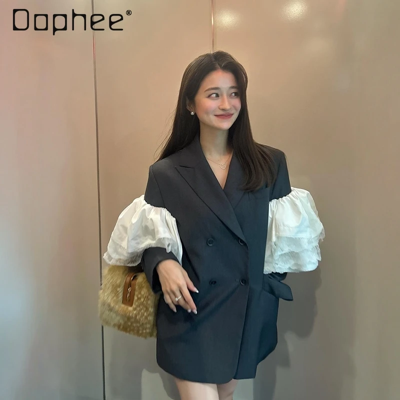 Fashion Pleated Lotus Leaf Splicing Long-sleeved Loose Double-breasted Lapel Blazers Japanese Commuter Style Mid-length Blazers