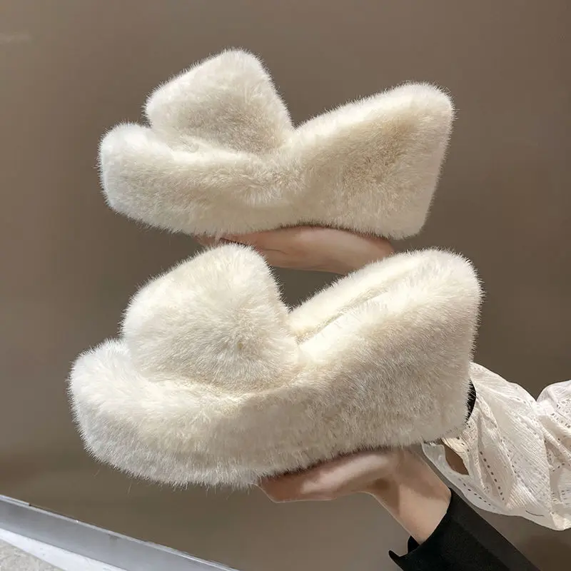 Shoes Woman 2023 House Slippers Platform Pantofle Fur Flip Flops On A Wedge Heeled Mules Flock Luxury Slides New Plush High