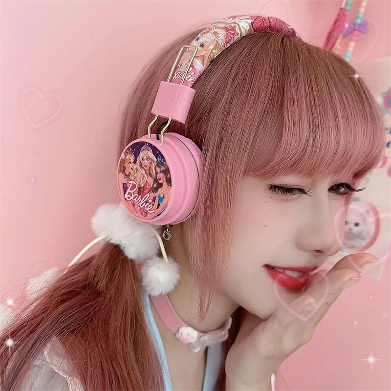 Kawaii Miniso Barbie Wireless Bluetooth Headphone Y2K 3D Stereo Headset Ladies Head-Mounted Bluetooth Music Headset Present