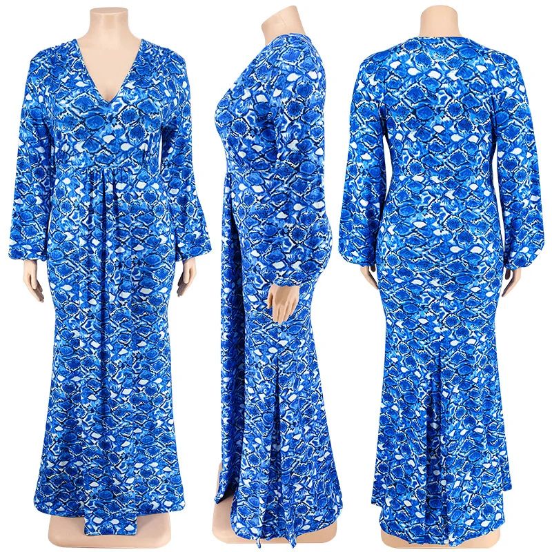 plus size women\'s long sleeved fishtail skirt hip print fashion dress long