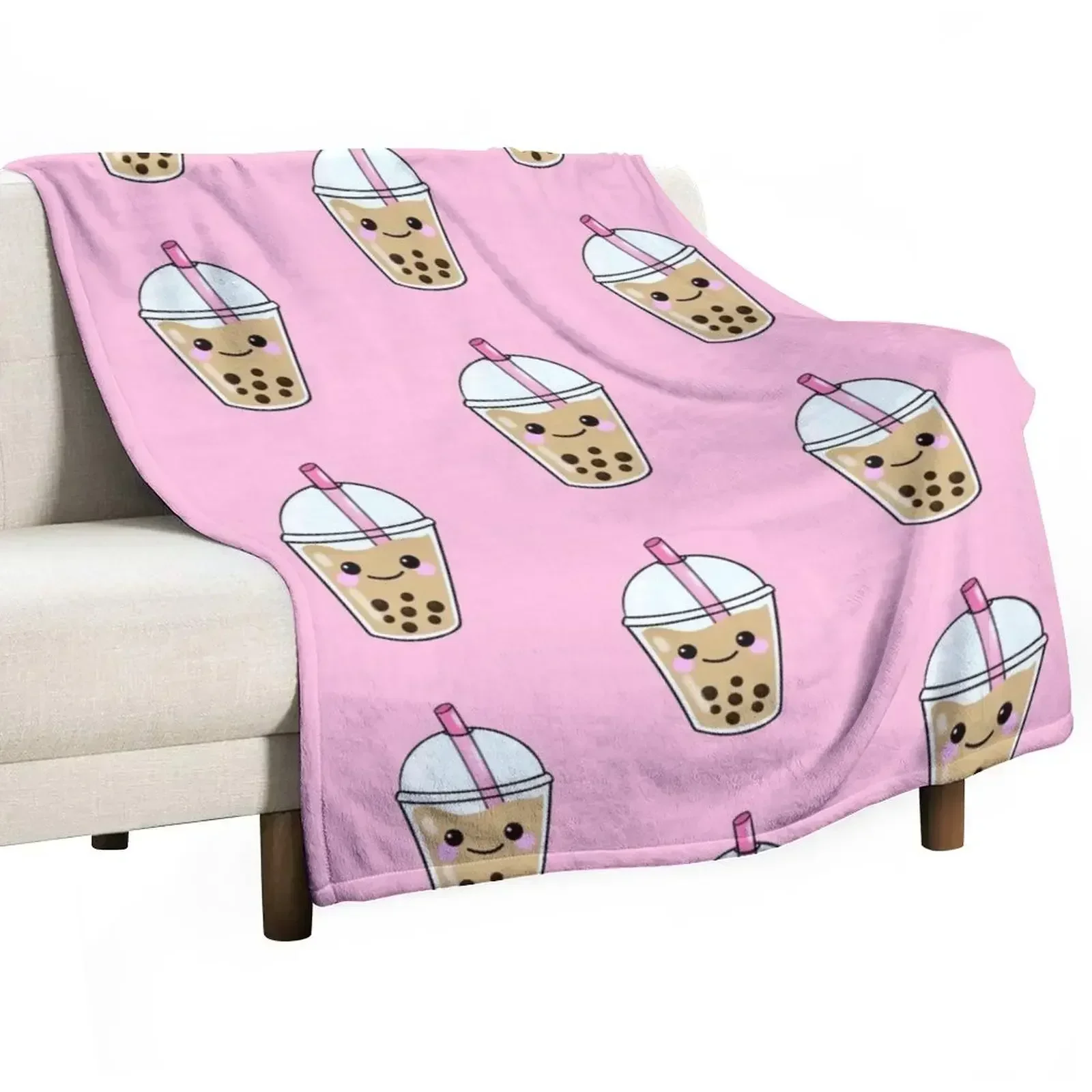 Tapioca Classic Boba Milk Tea with Kawaii Face Throw Blanket Lightweight Warm Blanket for Travel Camping