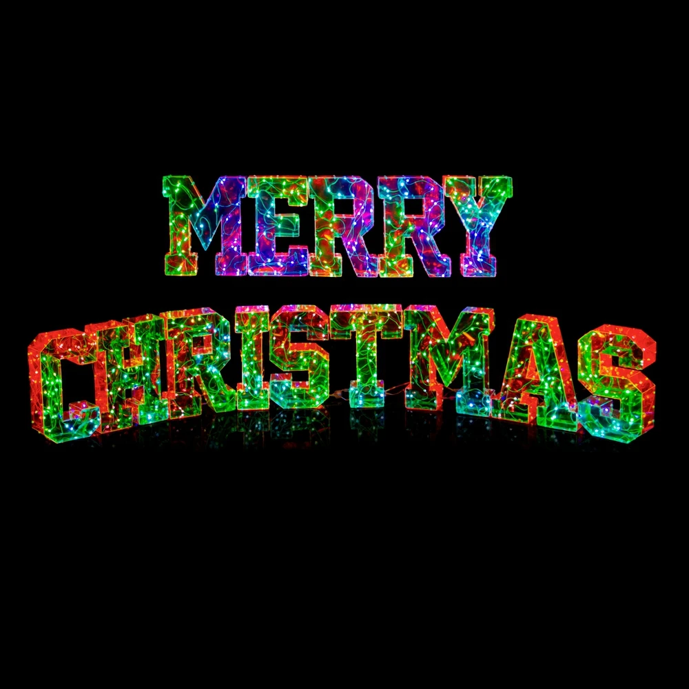 Creative Hologram Christmas Party Prismatic Glowing Light Letter Decoration Luminous Merry-Christmas Letter Led Light