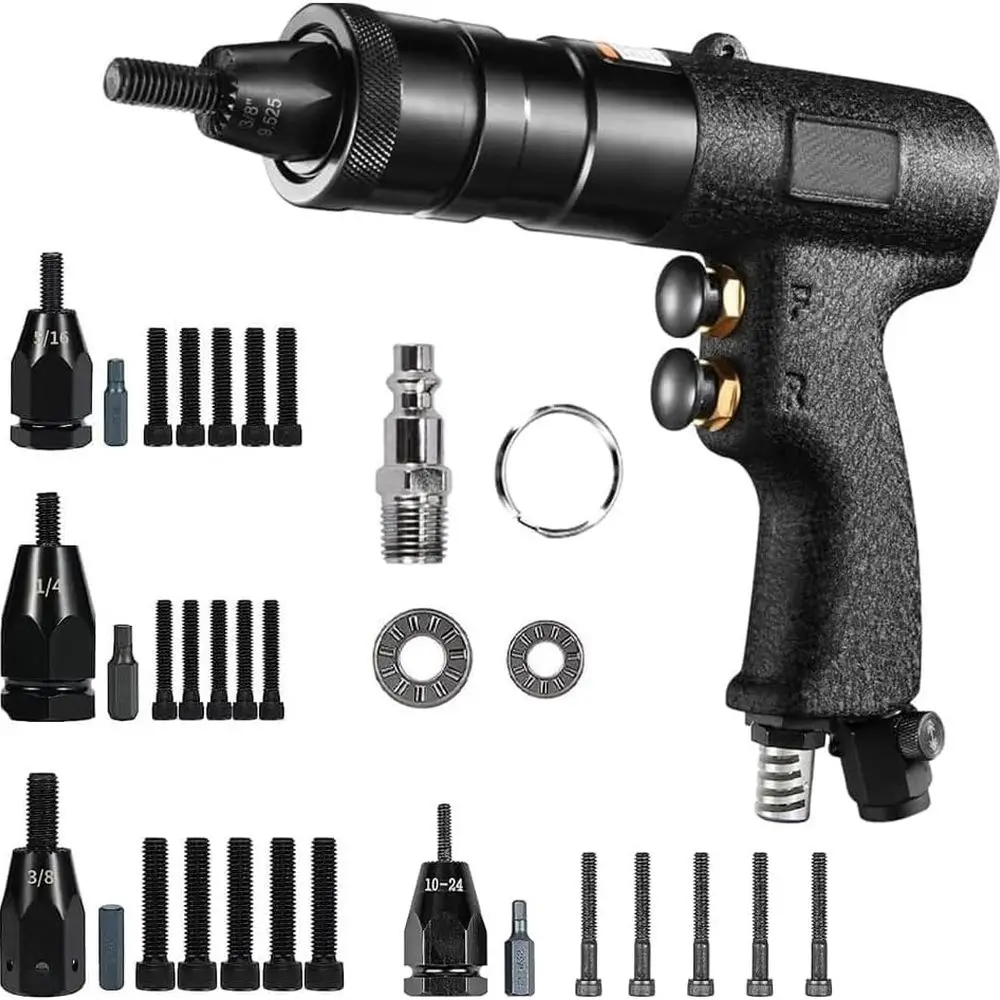 Rivet Nut Gun Tool, 10-24 & 1/4, 5/16, 3/8 inch Self-Locking Head, Heavy Duty Adjustable Speed Air Rivet Gun with Mandrels Rivet