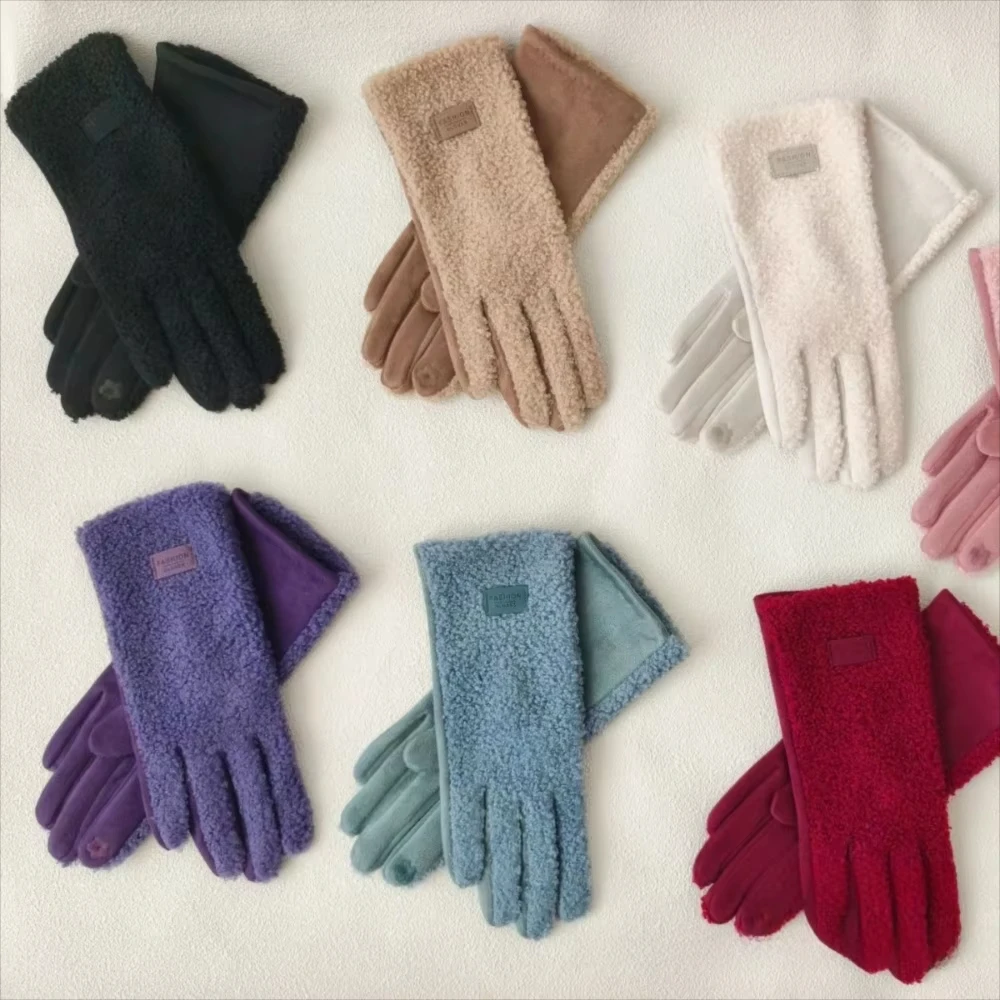Fashion Imitation Fleece Winter Keep Warm Gloves Women Touch Screen Thickened Cycling Driving Windproof Cold Proof Mittens