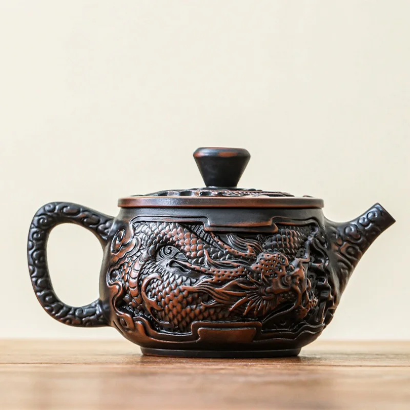 Purple Pottery Vintage Handmad Teapot Ceramic Carve Kung Fu Teapot Single Teapot Pu'er Tea Making Tea Sets Chinese Tea Pot