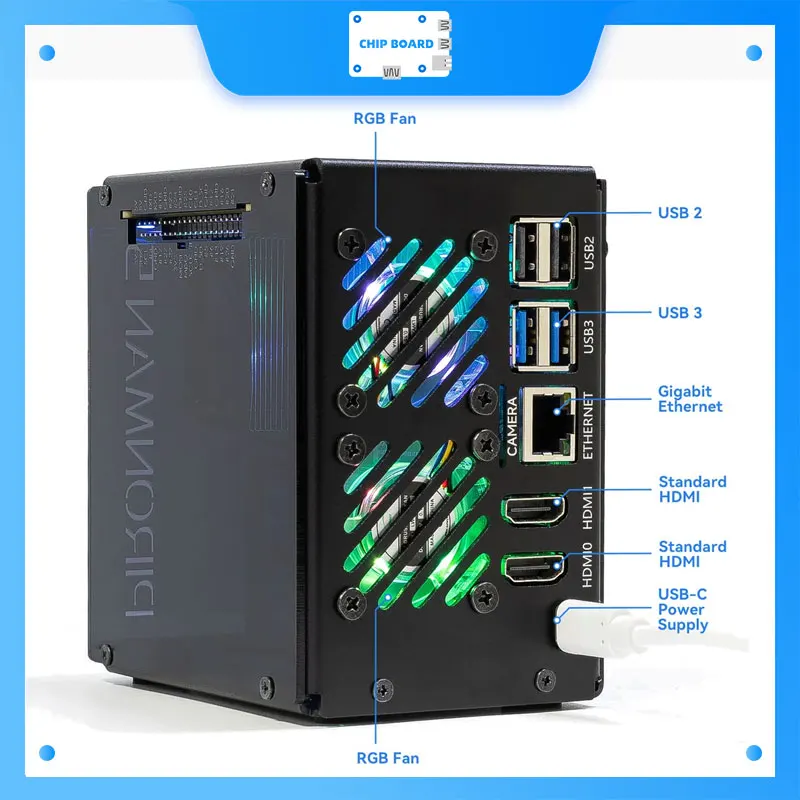 Das Pironman 5-Max Tower-PC-Gehäuse für den Raspberry Pi 5, verfügt über zwei M.2 PCIe-Buchsen, programmierbare RGB-LEDs, neues schwarzes Design
