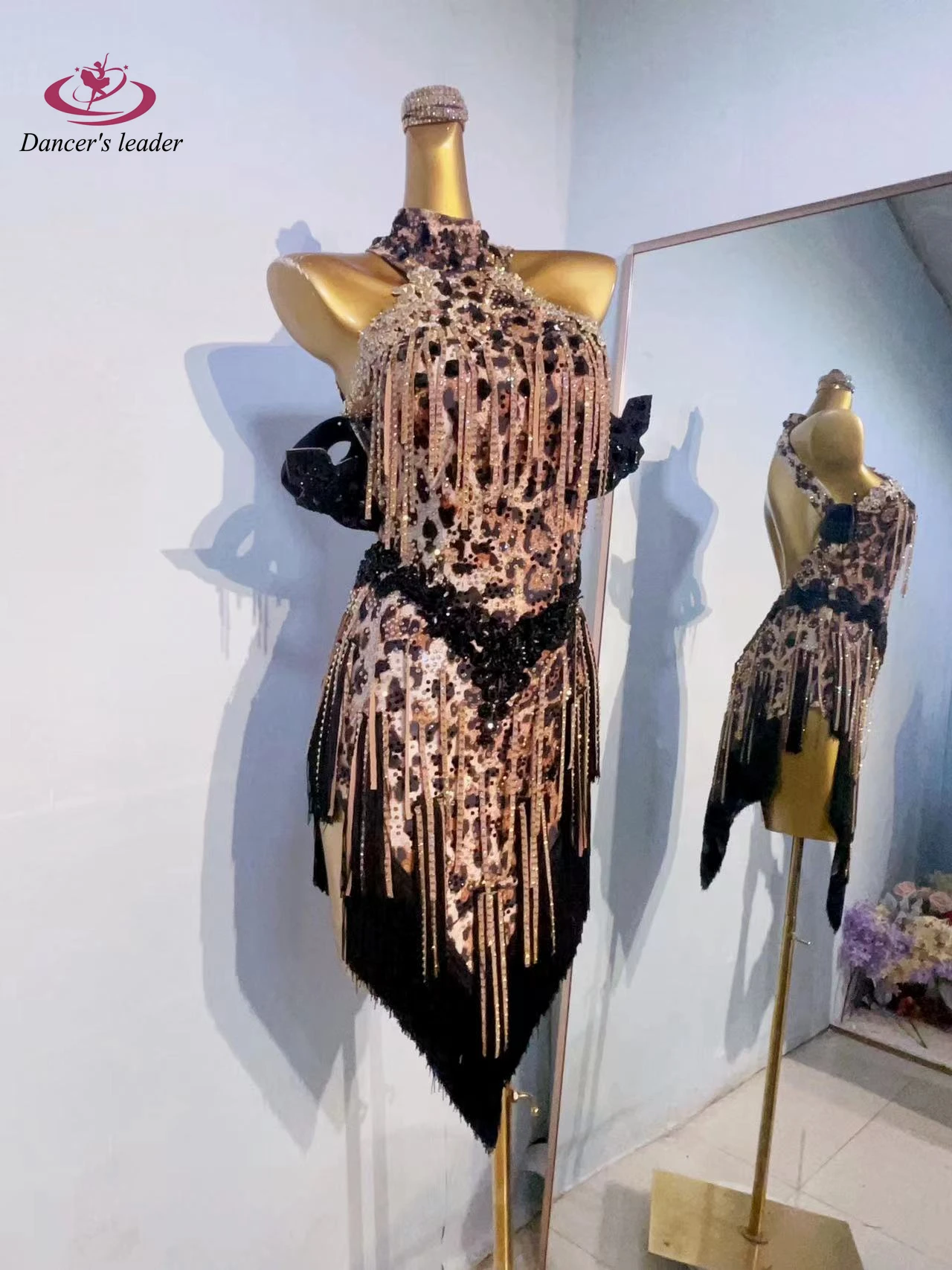 Vestido de dança latina, vestido floral com estampa de leopardo personalizado de alta qualidade, perfeito para roupas profissionais de palco adulto feminino