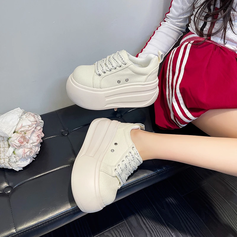 New Fashion Crystal Denim Platform Wedge Casual Spring Summer Autumn Comfy High Brand Chunky Sneakers 9CM Hidden Heels Shoes