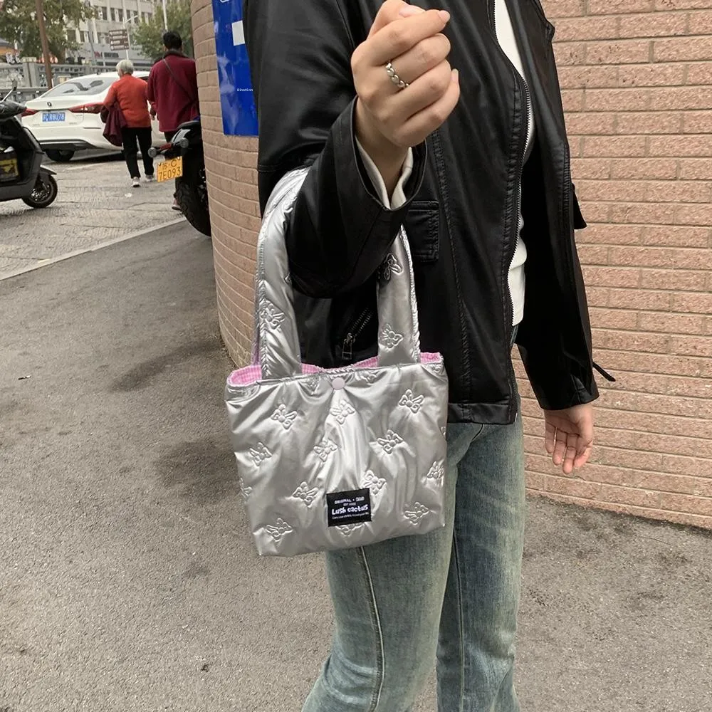 

Silver Cotton Insert Casual Handbag Korean Sle Work Bag Handheld Tote Bag Versatile Simple Design Autumn Winter Handbag