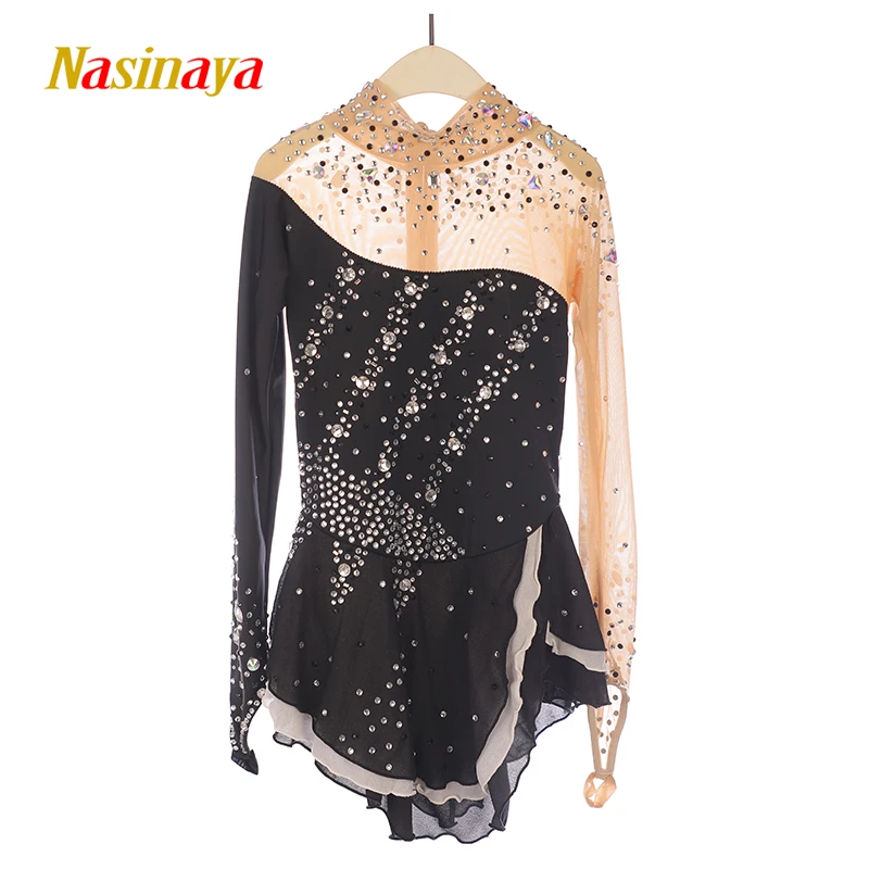 Figure Skating Dress Ice Skating Skirt Customized Girl Kids Dance Dress Long Sleeve PInk Color Shiny