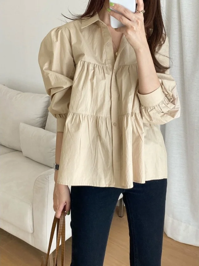

Chic Simple Versatile Pleated Design Loose Bubble Sleeve Shirt Women's Top Button up Casual Fashion Spring Collection