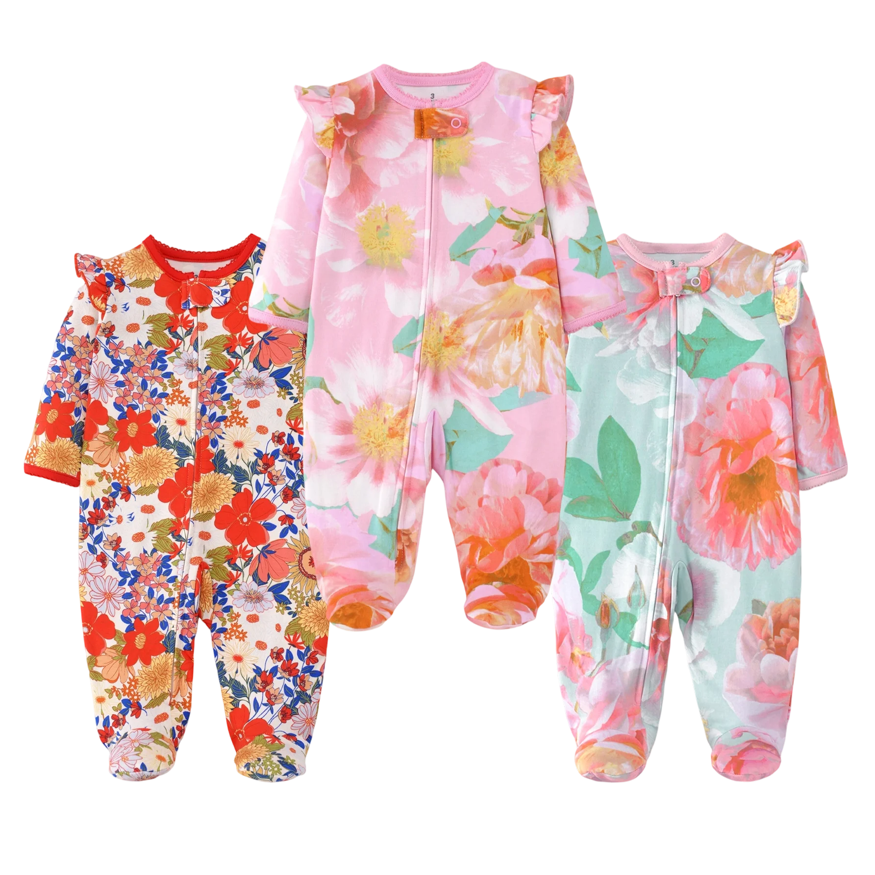 Pure Cotton Ruffle Sleeve Baby Footed Romper All-over Watercolor Floral Print Zipper Onesie for 3-9M Newborn Girls All Seasons