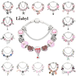 MIX Style Pink Flower Heart Charm Bracelets Trendy Pink Crystal Bead Bracelet Lovely Plant Animal Jewelry for Women Girl Gift
