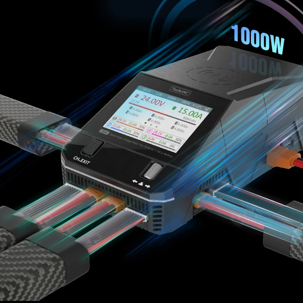 Uangel ToolkitRC Q6AC cargador AC 400W DC 1000W 4CH salida integrada 65W salida USB 15W cargador inalámbrico para batería LiPo NiMH PB