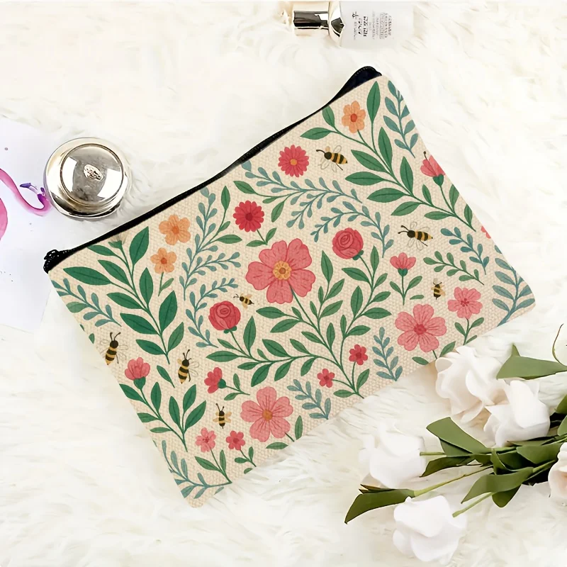 Vintage Floral And Bee Print Makeup Bag Portable Polyester Travel Organizer with Minimalist Zipper Closure Stores Cosmetics