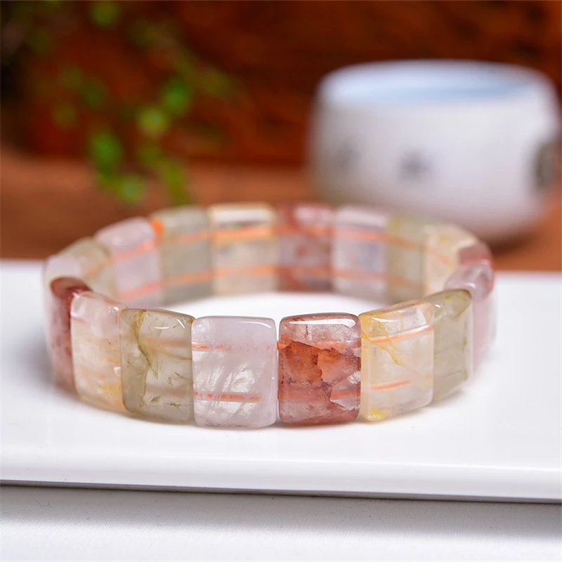 Natural Colored Rutilated Quartz Bangle For Women Men Love Gift Crystal Beads Strands Jewelry Gift 12x15mm