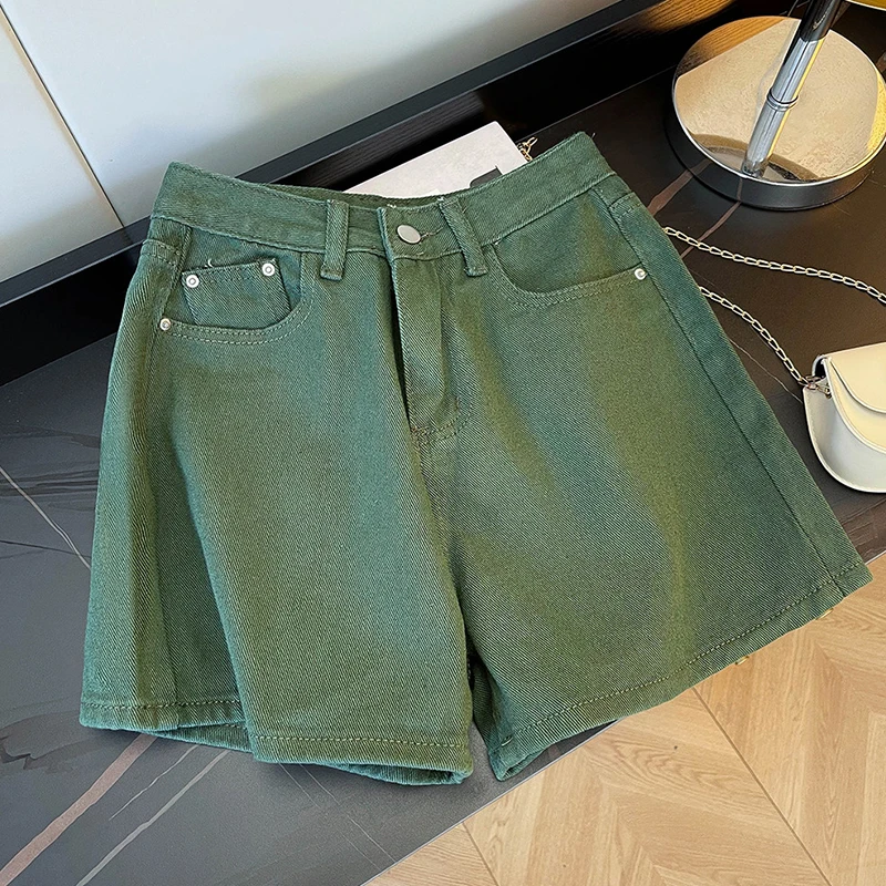 Green Women's Denim Shorts Summer Thin Personalized Niche Loose Wide Leg Hot Pants High Waist Slim-looking Spicy Girls Shorts