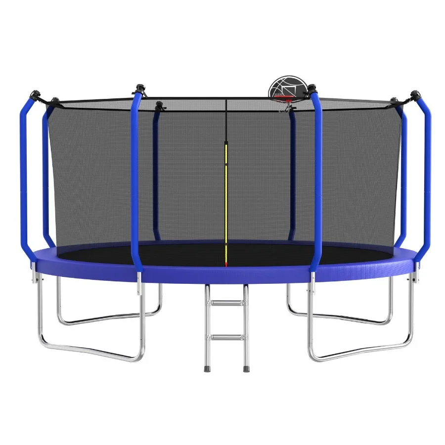 

14-футовый уличный батут с баскетбольным кольцом и защитной сеткой, одобренный ASTM, усиленная рама, прочная стальная конструкция, черный цвет